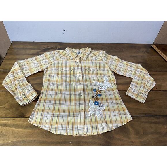 Ivy Jane Yellow Plaid Embroidered Floral Pearl Snap Button Down Size Medium - Picture 1 of 12